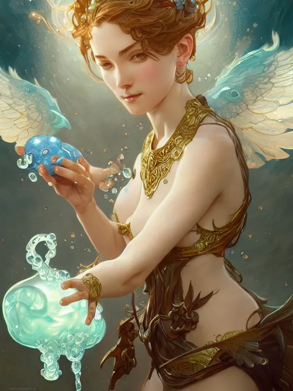 Image similar to summoner with a cute water elemental, fantasy, intricate, elegant, highly detailed, digital painting, artstation, concept art, wallpaper, smooth, sharp focus, illustration, art by artgerm and greg rutkowski and alphonse mucha