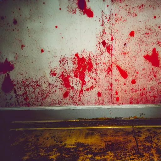 Image similar to lomo photo of ghost in abandoned hospital, red splatters on the wall, yellow floor, washed colors, dark, moody, creepy, foggy