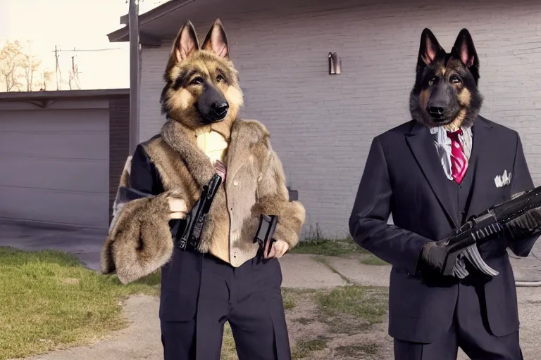 Image similar to film still of the main character furry anthro anthropomorphic german shepard head animal person fursona wearing clothes a suit and tie standing holding a pistol in the garage scene in an action movie posing for the camera 2020, 4k