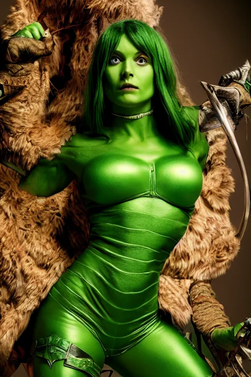 Image similar to a green-skinned female DND verdan, high resolution film still, 8k, HDR colors, cosplay, studio lighting, photo by bruce weber