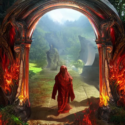 Prompt: arch angels are guarding the fiery gates of hell in the garden of eden, highly detailed, ultra photorealistic, artstation