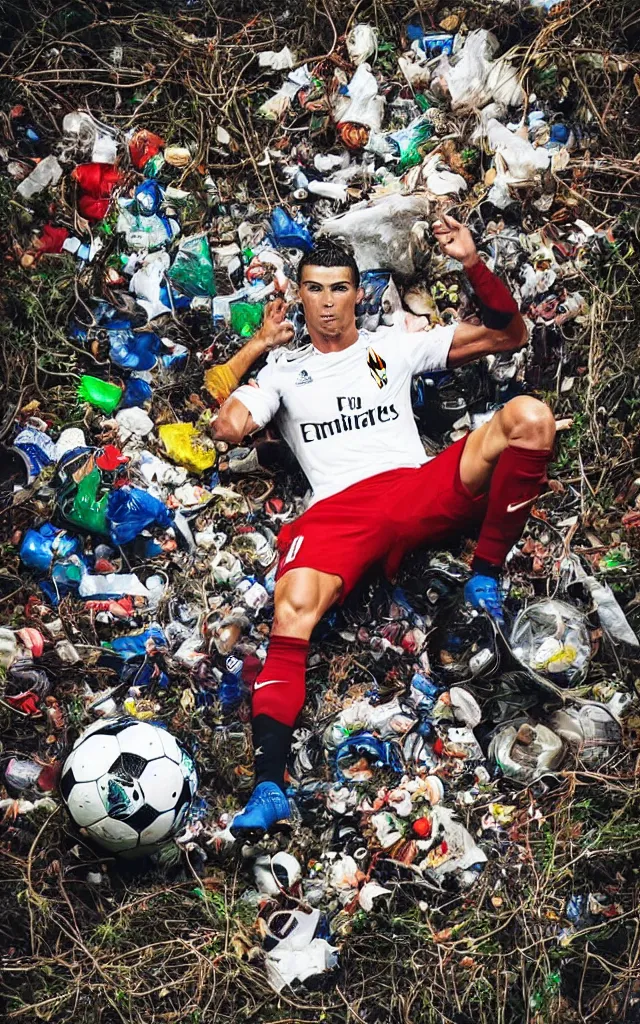 Image similar to cristiano ronaldo soccer player surrounded by trash and injured, nike ball and ambulance light flares, night earth crust, trail cam, realistic photography paleoart, masterpiece album cover