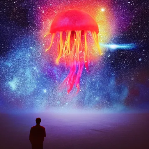 Image similar to over the shoulder photo of a man watching a magic cosmic glowing jellyfish in glowing cosmic stardust, colorful stars, galaxies, space, award winning photo, intricate, high detail, atmospheric, desolate