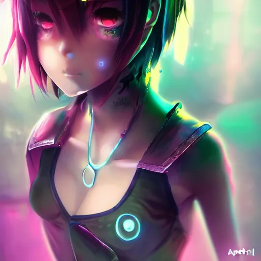 Image similar to anime punk girl, night, emerald, 4 k, ultra realistic, beautiful eyes, epic lighting, machines, high detail, masterpiece, trending on artstation by art germ and akihito tsukushi