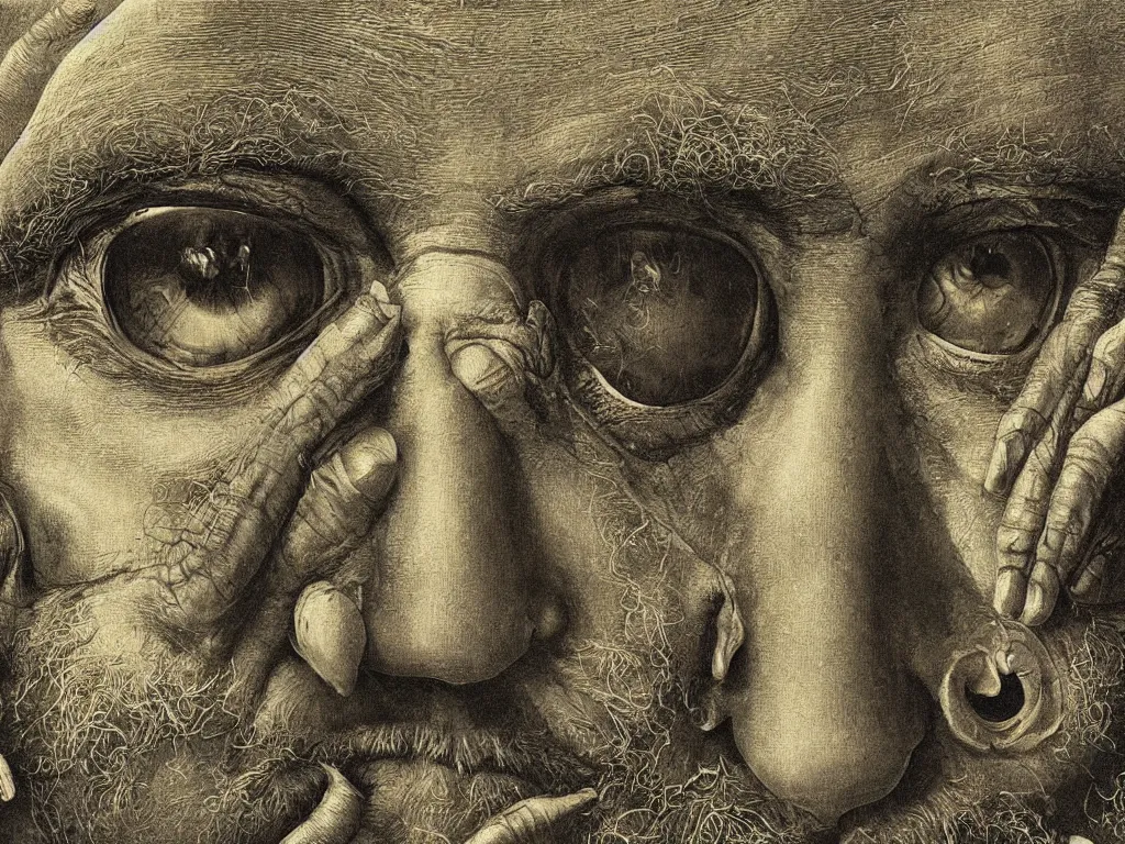 Image similar to Close up view of the eyes of an old man. Painting by Beksinski, Walton Ford, Ernst Haeckel