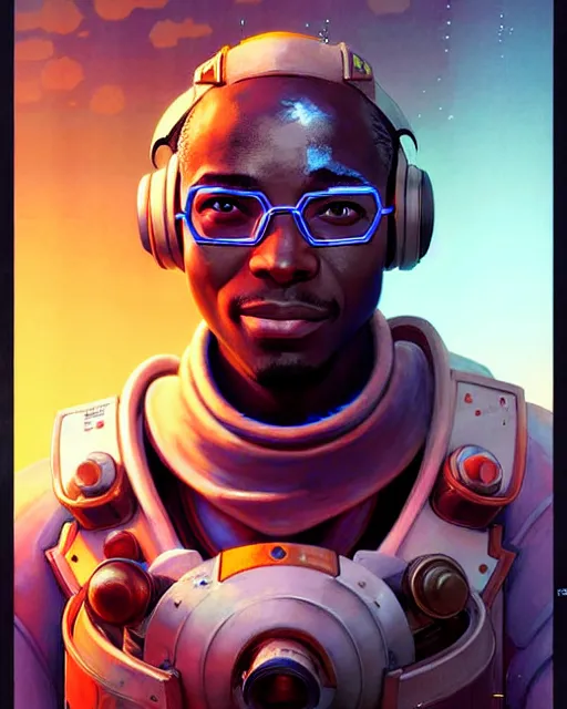 Image similar to baptiste from overwatch, medic, character portrait, portrait, close up, concept art, intricate details, highly detailed, vintage sci - fi poster, retro future, in the style of chris foss, rodger dean, moebius, michael whelan, and gustave dore