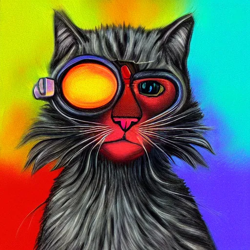 Image similar to fluffy paw of cat cyborg catch ladybag, neon color, detalized, digital painting