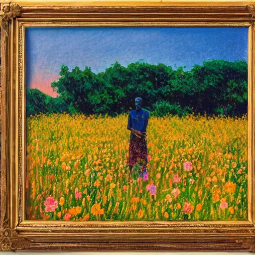 Image similar to an east african man in a vast field of flowers, looking off into the sunset, relaxing, wide shot, golden hour, vintage, impressionist painting, fine art, oil painting, dreamy, pastel, laughing, happy, intricate details, sharp, peaceful, serene