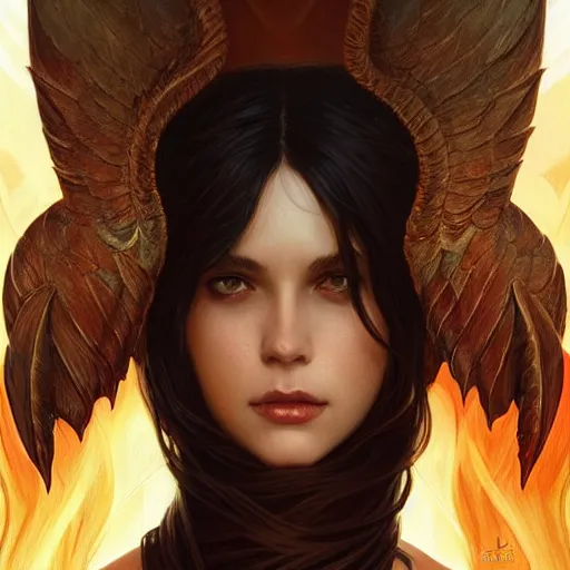 Prompt: a great lucifer, great wings, demon horn, fire above head, long dark hair, intricate, elegant, highly detailed, digital painting, artstation, concept art, smooth, sharp focus, illustration, art by artgerm and greg rutkowski and alphonse mucha