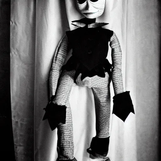 Image similar to ventriloquist doll holding a knife hiding behind a curtain, ventriloquist dummy, photo, hyperrealistic, creepy, dark, epic, cinematic, style of atget, style of cabinet of dr. caligari, detailed