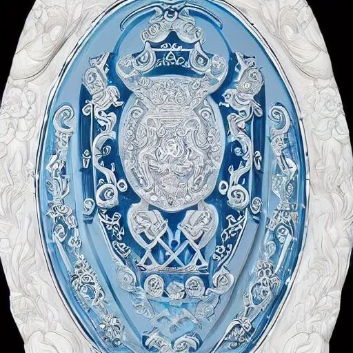 Image similar to A Shield: Clear white texture with artistically executed decorations of peonies foliated scrolls dragons and medallions in white reserve on an opaque mazarine blue ground. Capped with metal