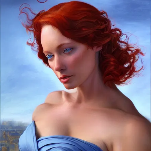 Image similar to A Beautiful woman with red hair and blue eyes in the best modeling position, detailed, centered, digital painting, artstation, concept art, donato giancola, Joseph Christian Leyendecker, WLOP, Boris Vallejo, Breathtaking, 8k resolution, extremely detailed, beautiful, establishing shot, artistic, hyperrealistic, beautiful face, octane render, cinematic lighting, dramatic lighting, masterpiece