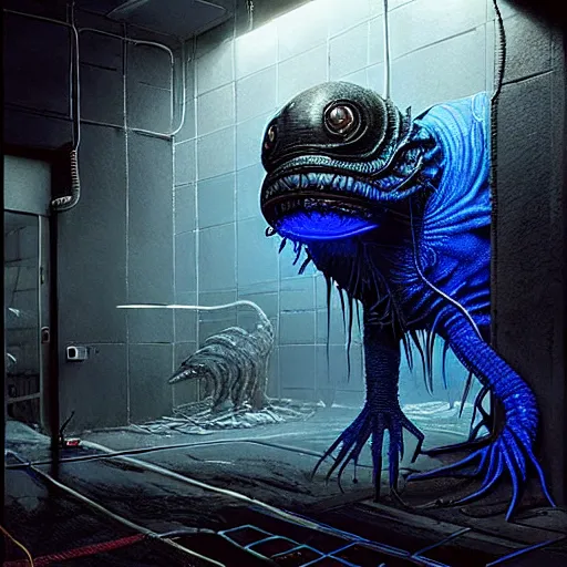 Image similar to menacing aggressive fast engineered black slimy creature made out of needles, inside a gas station, aggressive harsh bright fluorescent industrial blue lighting, extremely detailed digital matte painting buy Greg Rutkowski and H.R. Giger