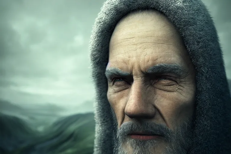 Prompt: an ultra realistic cinematic close up headshot portrait of an evil wizard, background of a vast serene landscape with trees and rivers, detailed, deep focus, movie still, dramatic lighting, ray tracing, by michal karcz and yoshitaka amano