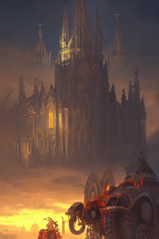 Image similar to a mobile driving ornate cathedral church mounted on a tank with chain drive, warhammer 4 0, scene in an open field. key visual, conceptart, ambient lighting, highly detailed, digital painting, artstation, concept art, sharp focus, by makoto shinkai and akihiko yoshida and kris kuksi