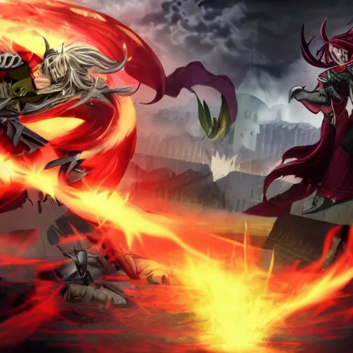 Prompt: hero vs demon lord in a final epic battle.