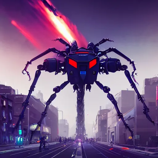 Prompt: huge giant massive mechanical ominous futuristic cybernetic evangelion spider tank mecha with weaponized fangs, at a crowd of screaming scared panicked people in a busy city street in the evening, explosions, dust, smoke, war of the worlds, by artgerm, by beeple, cinematic, hyper realism, high detail, octane render, vibrant colors