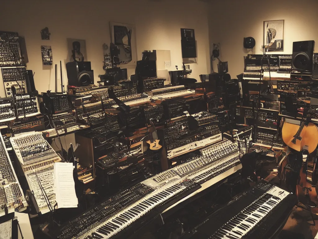 Prompt: an infinite and majestic music studio willed with every instrument known
