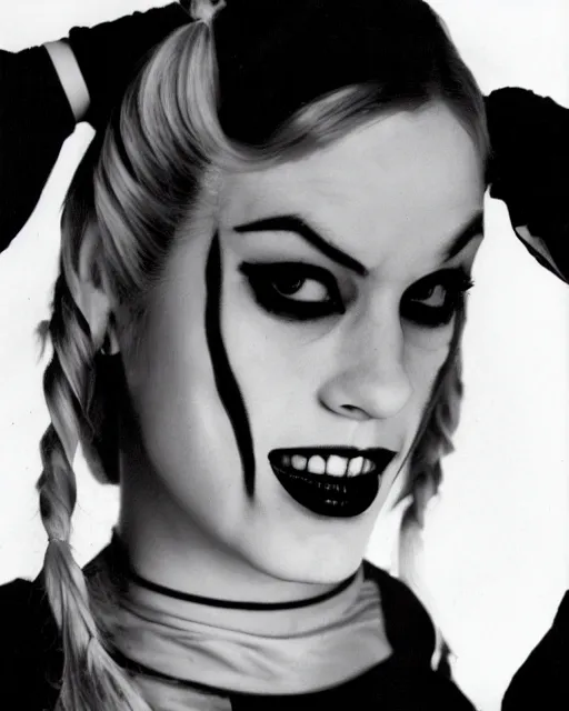 Image similar to Harley Quinn photographed by helmut newton, 1977, studio photography, award winning, cdx,