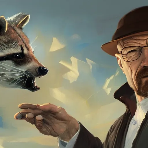 Image similar to walter white and a raccoon, intricate, highly detailed, digital painting, artstation, concept art, smooth, sharp focus, illustration, unreal engine 5, 8 k, art by artgerm and greg rutkowski and alphonse mucha