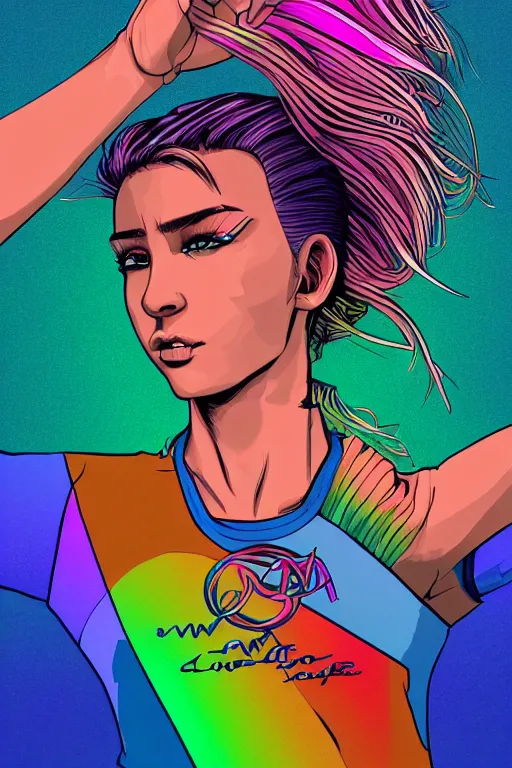 Image similar to a award winning half body portrait of a beautiful woman with stunning eyes in a printed croptop and cargo pants with rainbow colored ombre hairstyle head in motion and hair flying by josan gonzales, outrun, vaporware, shaded flat illustration, digital art, trending on artstation, highly detailed, fine detail, intricate