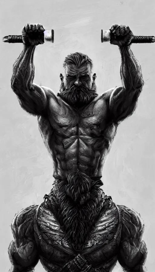 Image similar to the vlacksmith, very strong, muscular, big hammer, anvil, beard, cheeky, fame of thrones, fibonacci, sweat drops, intricate fashion clothing, insane, intricate, highly detailed, surrealistic, digital painting, artstation, concept art, smooth, sharp focus, illustration, Unreal Engine 5, 8K, art by artgerm and greg rutkowski and alphonse mucha