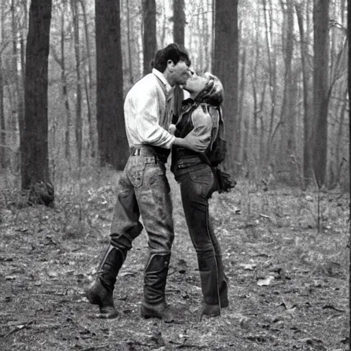 Image similar to cowboys kissing on the woods, 8 0 s, film photograph