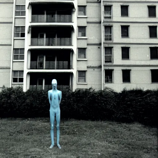 Prompt: an alien standing in front of a soviet apartment complex, eikon, 1 9 7 0, фотография