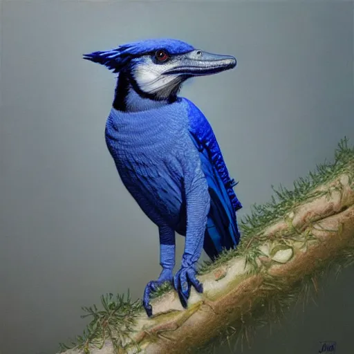 Image similar to a detailed oil painting of a crocodile blue jay hybrid, intricate, trending on artstation, well - lit, by michael whelan, james gurney, and donato giancola - w 7 0 0