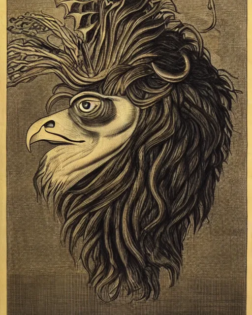 Image similar to a creature with the body and eyes of a man, with the beak of an eagle, the mane of a lion, and the horns of an ox. drawn by francis bacon