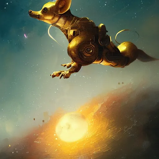 Image similar to a golden mouse flying through space, Greg rutkowski award winning illustration, digital art, fantasy concept art, 4k, trending on artstation,