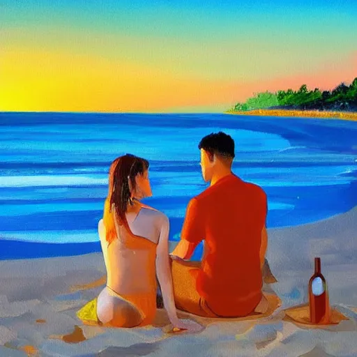 Image similar to one young man and one young woman drinking wine on a beach at sunset, beautiful colors, amazing landscape, painting
