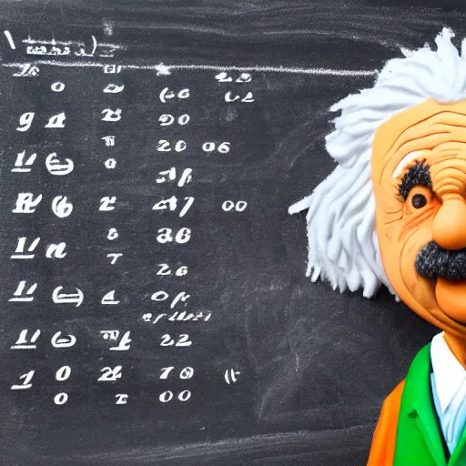 Image similar to miniature claymation albert einstein standing in front of blackboard with lots of mathematical formulas chalked on