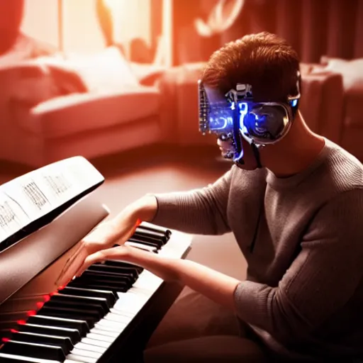 Image similar to a cyborg playing the piano in a futuristic apartment, award winning art, 4k, highly detailed, sharp focus, cinematic lighting, smooth