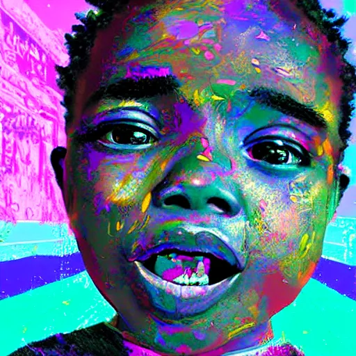 Image similar to smile of glitch eyes Black boy artstation, ultradetailed, digital Painting, by James gurney and Pipilotti Rist