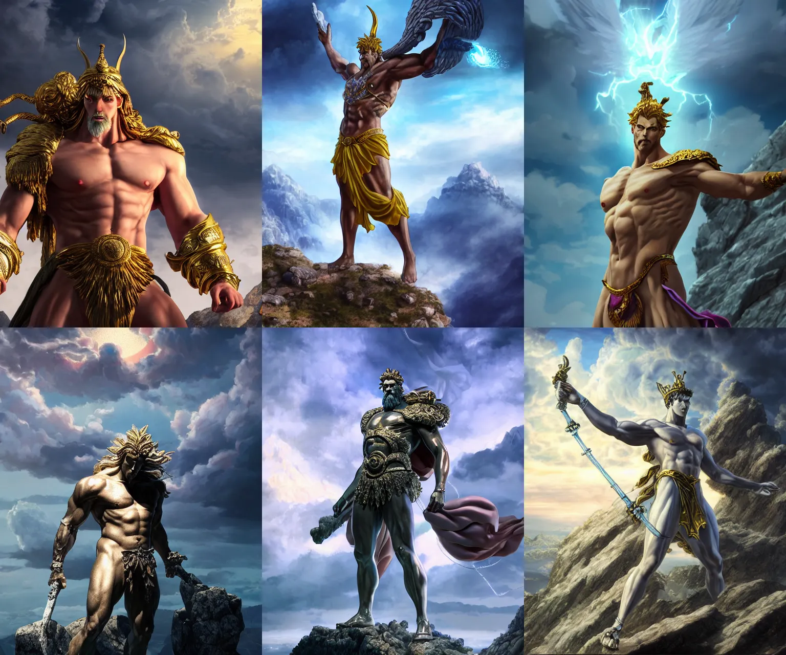 Prompt: behind shot of a zeus standing atop mount olympus, fantasy, cinematic lighting, artstation, trending, highly detailed, focus, smooth, by hirohiko araki and yoshitaka amano