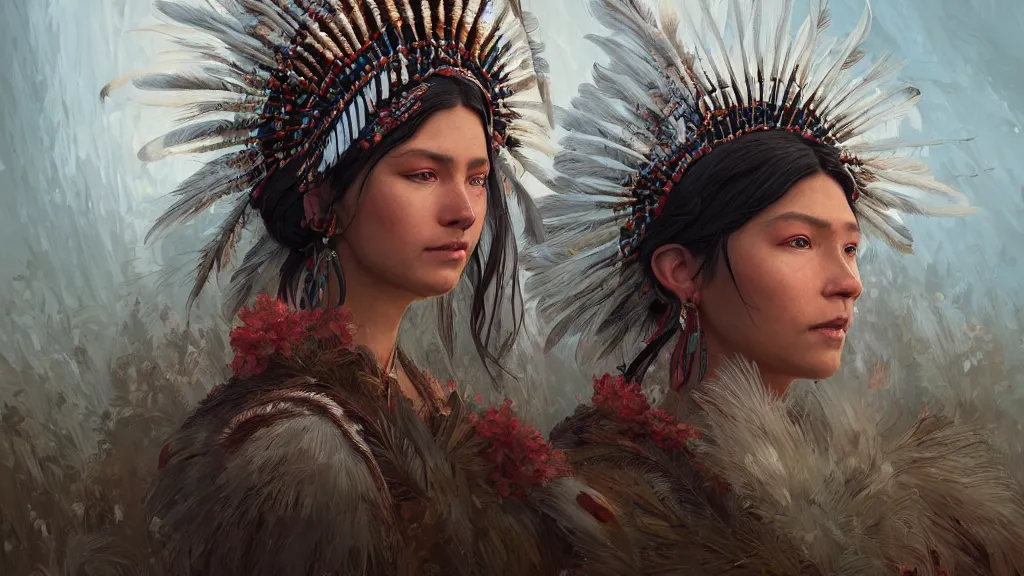 Prompt: highly detailed portrait of a n indigenous woman, feathered headdress, traditional clothing, unreal engine, fantasy art by greg rutkowski, ferdinand knab, makoto shinkai and lois van baarle, ilya kuvshinov, rossdraws, tom bagshaw, global illumination, radiant light, detailed and intricate environment