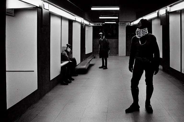 Image similar to fencers wearing fencing mask in subway, ominous lighting, richard avedon, tri - x pan