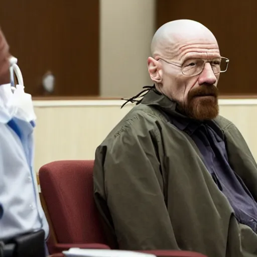 Prompt: walter white with a rough beard, wearing an oxygen mask, sitting in a wheelchair in a courtroom on trial.