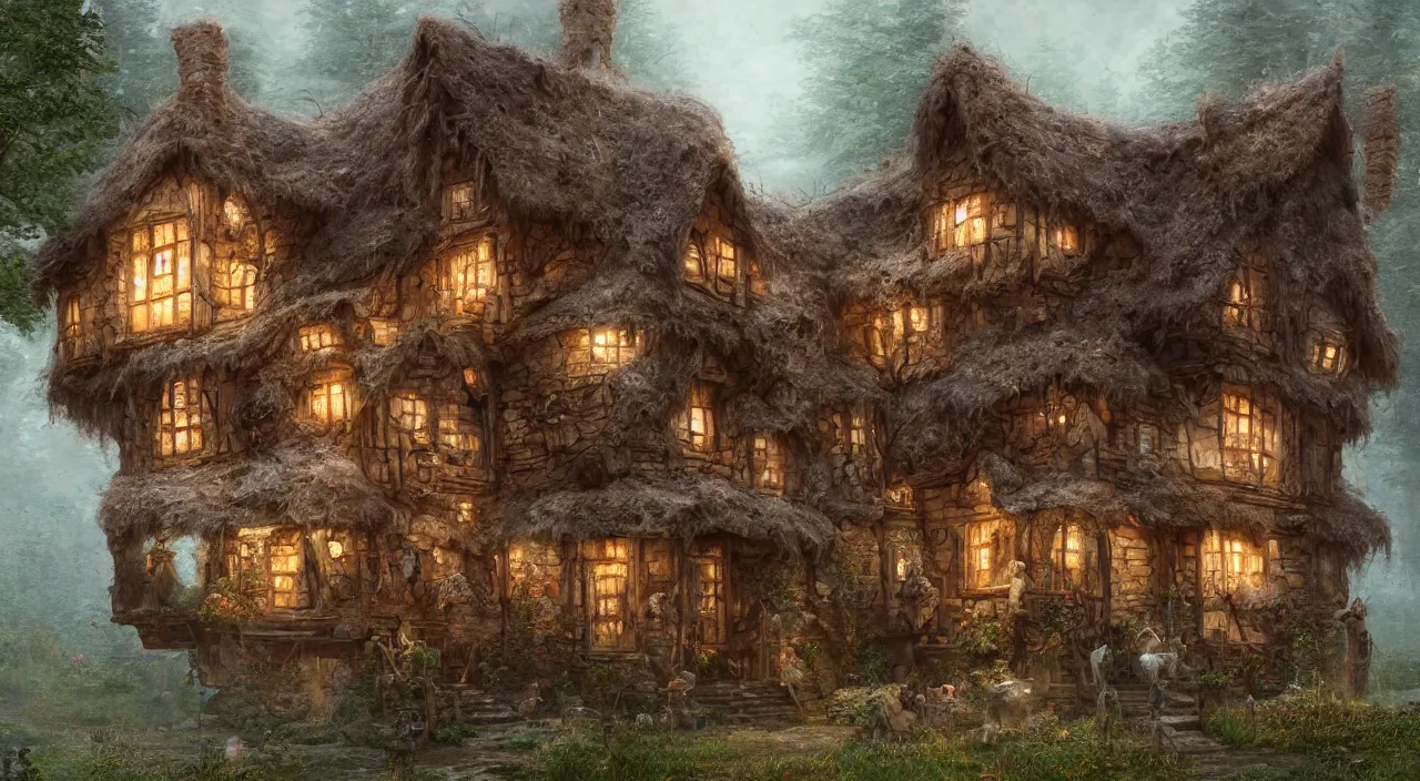 Prompt: house made out of hairy skin with eyeballs for windows, very detailed, in style of johan grenier, thomas kinkade, artstation, 8 k 3 d, unreal engine, highly detailed, very intricate, cinematic lighting