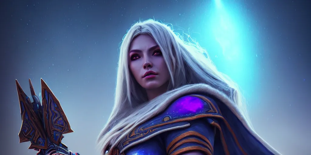 Image similar to ( ( ( ( ( hyperrealist distant portrait of sylvanas windrunner on a blue planet where it rains colors. ) ) ) ) ) by bayard wu, fantasy, photorealistic, octane render, unreal engine, dynamic lighting, trending on artstation, poster, volumetric lighting, very detailed faces, 4 k, award winning