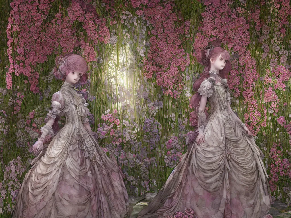 Prompt: the beautiful hyperdetailed physical rendering of rose flower wedding gothic lolita dress clothing design display in stay in bloom,, perfectly shaded, atmospheric lighting, in the style of louis comfort tiffany, makoto shinkai, raphael lacoste louis comfort tiffany, artgerm, karol bak, james jean, ross tran, 8 k hd, fine texture structure, 3 drender,