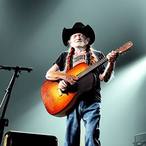 Image similar to willie nelson on stage, detailed, guitar. god rays through fog.