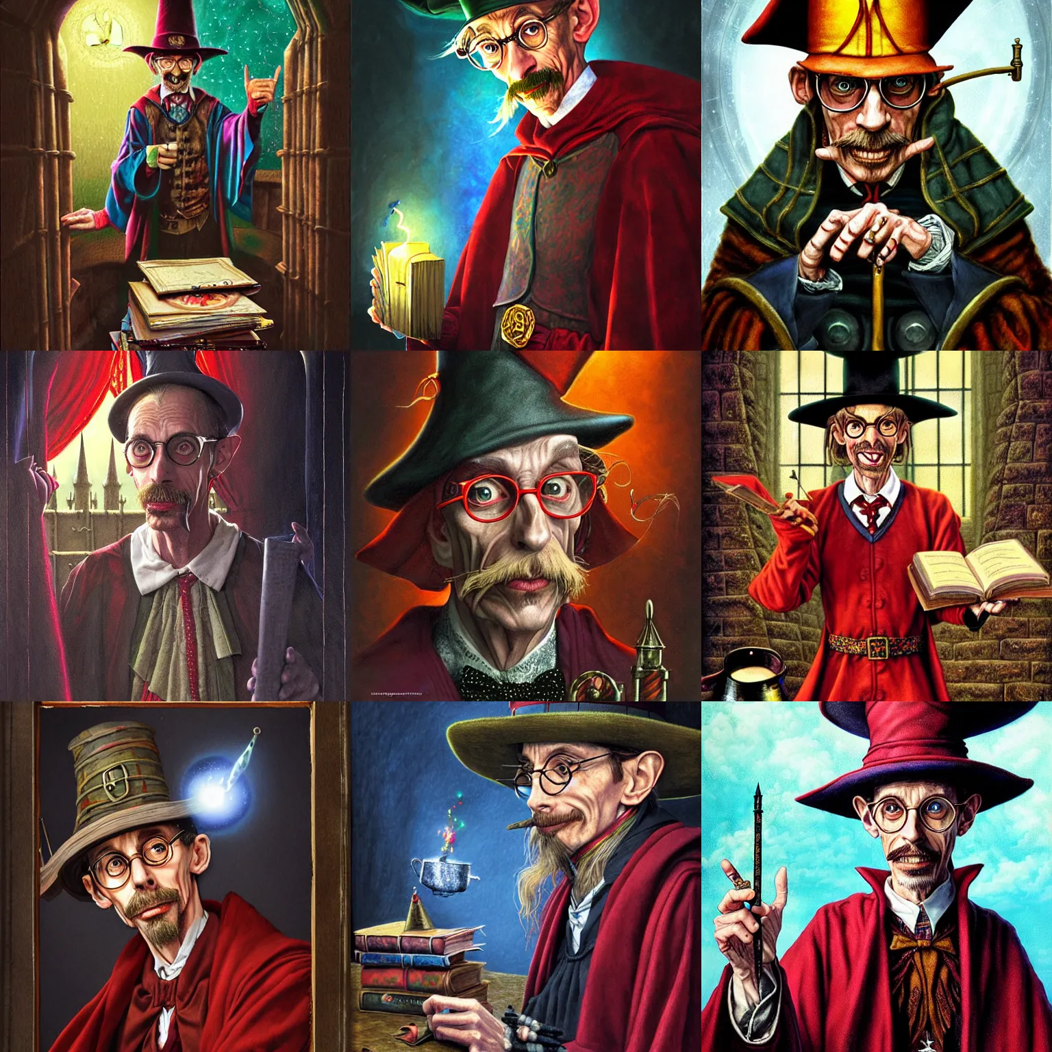 Prompt: Portrait of Rincewind as a neurotic Professor of Defence Against the Dark Arts at Hogwarts School of Witchcraft and Wizardry, detailed, hyperrealistic, colorful, cinematic lighting, digital art by Paul Kidby