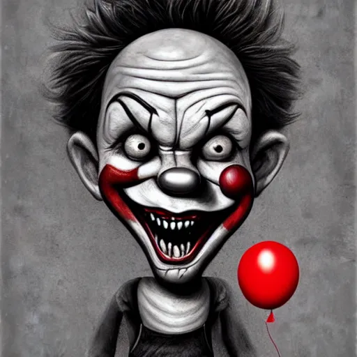 Prompt: surrealism grunge cartoon portrait sketch of the lost man with a wide smile and a red balloon by - michael karcz, loony toons style, pennywise style, chucky style, horror theme, detailed, elegant, intricate