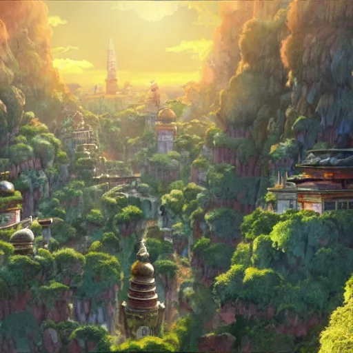 Image similar to a beautiful forgotten city beneath the earth by studio ghibli, 4K, ultra HD, highly detailed