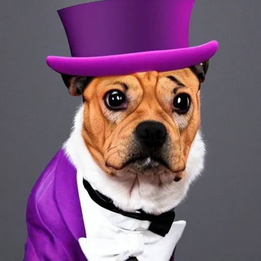 Prompt: a purple dog wearing a top hat