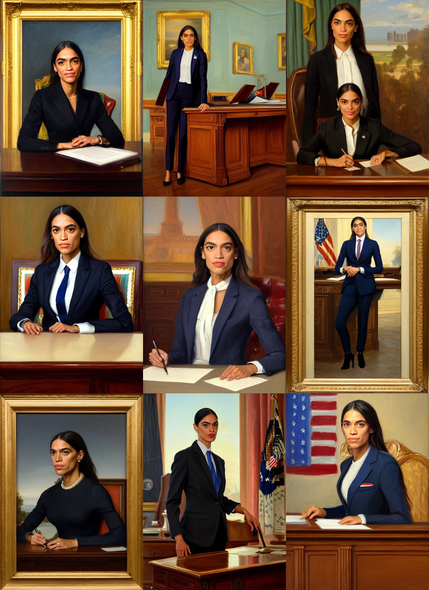 Prompt: portrait of the united states president, alexandria ocasio - cortez, standing at the resolute desk, 2 0 2 4, painting, oil on canvas by william sidney mount, trending on artstation, national archives