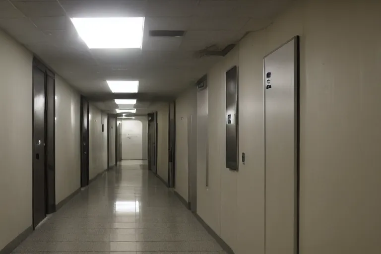 Image similar to a photo, five and a half minute hallway, at night, strange angles, lots of corridors