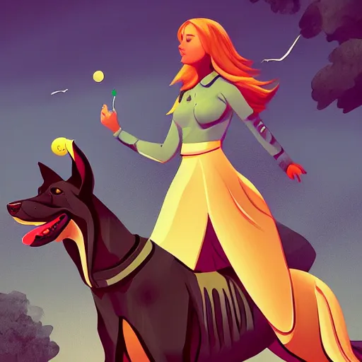 Image similar to girl riding a giant doberman dog in the park, trending on artstation